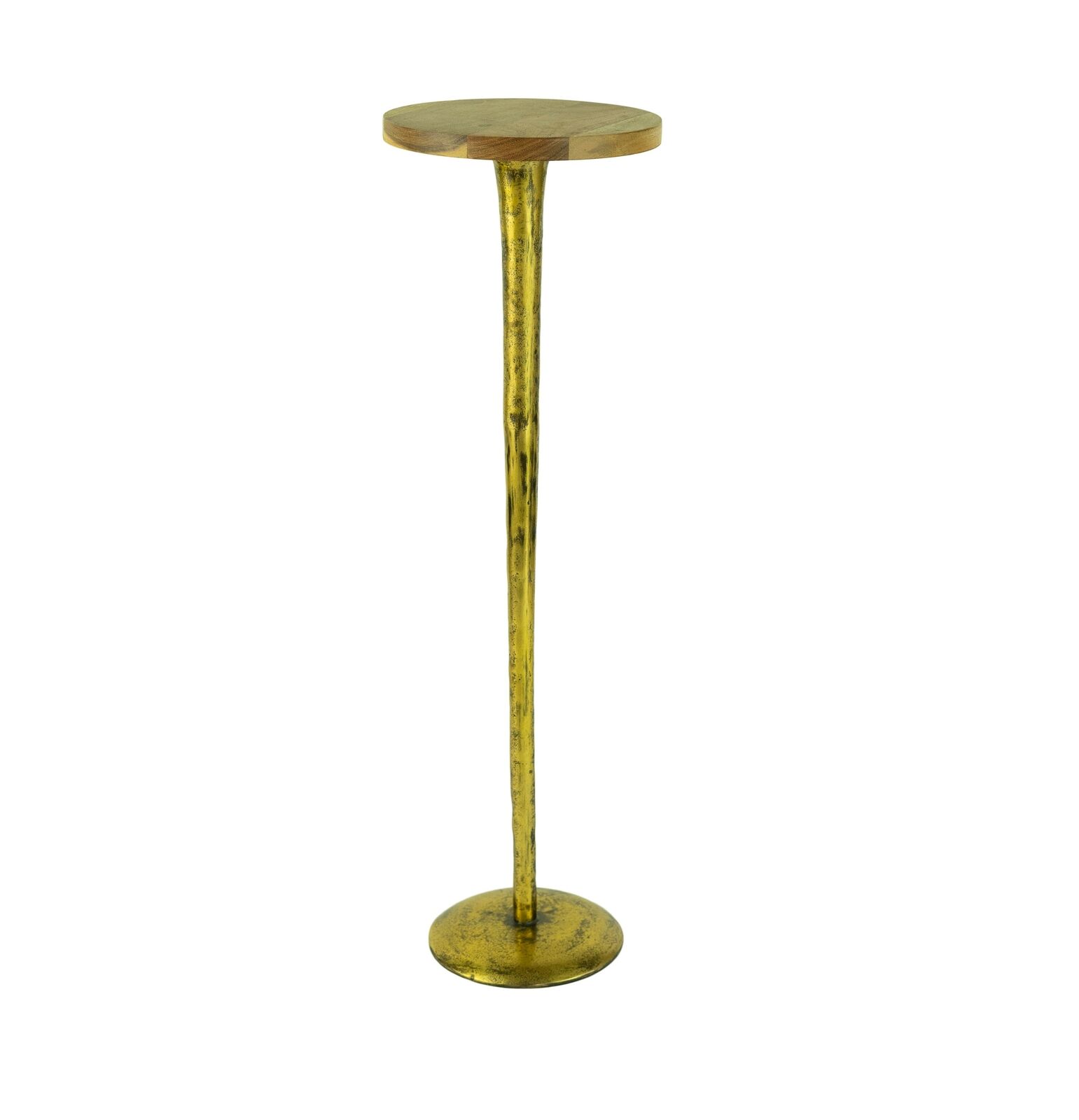 Slim Antiqued Brass Metal Accent Table Modern Wood Top Drink Stand Cocktail