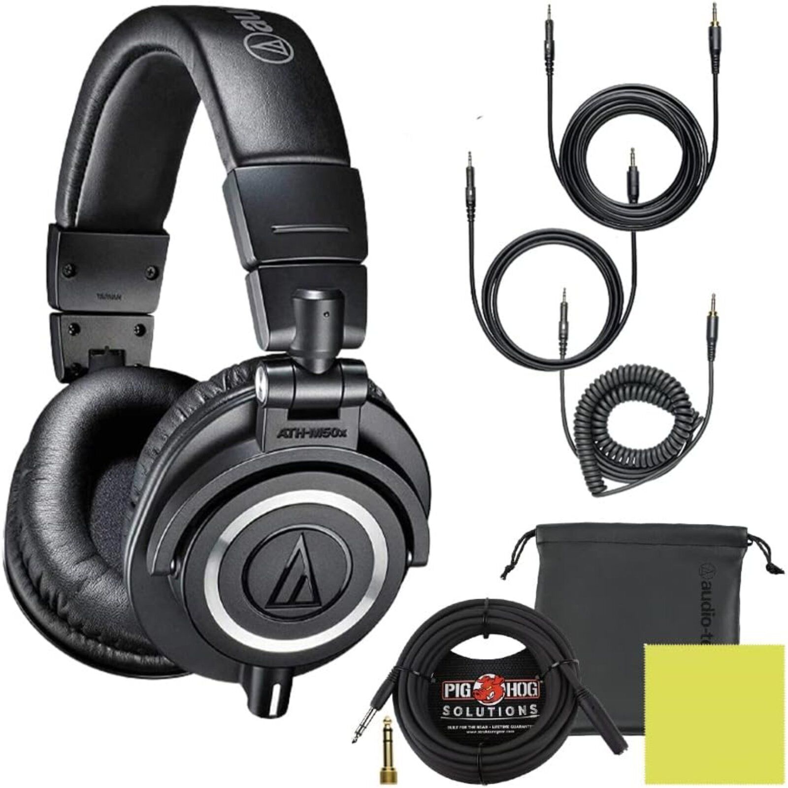 Audio-Technica ATH-M50X Headphones Bundle w/Pig hog Extension Cable & Cloth