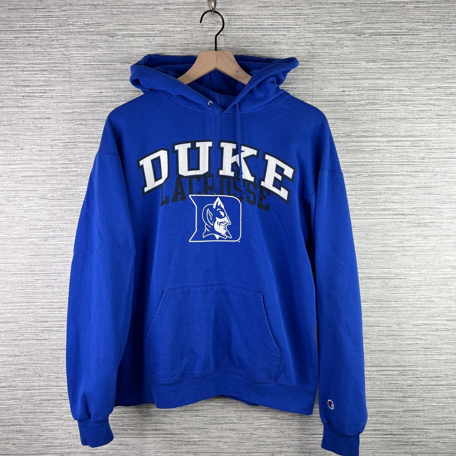 Duke Blue Devils Sweatshirt Mens Large Blue Hoodie Champion Lacrosse Spell Out