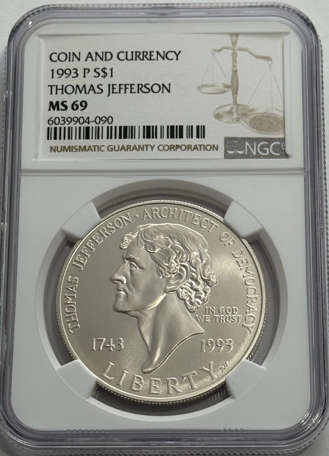 1993 P $1 NGC MS69 THOMAS JEFFERSON 90% SILVER COMMEMORATIVE COIN & CURRENCY SET