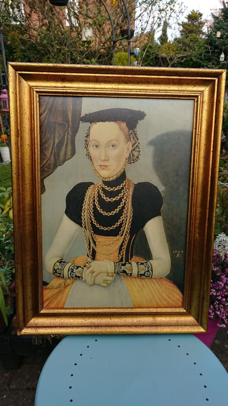 A Fabulous Ecclesiastical Style Print of a Lady of Nobility in Ornate Gilt Frame