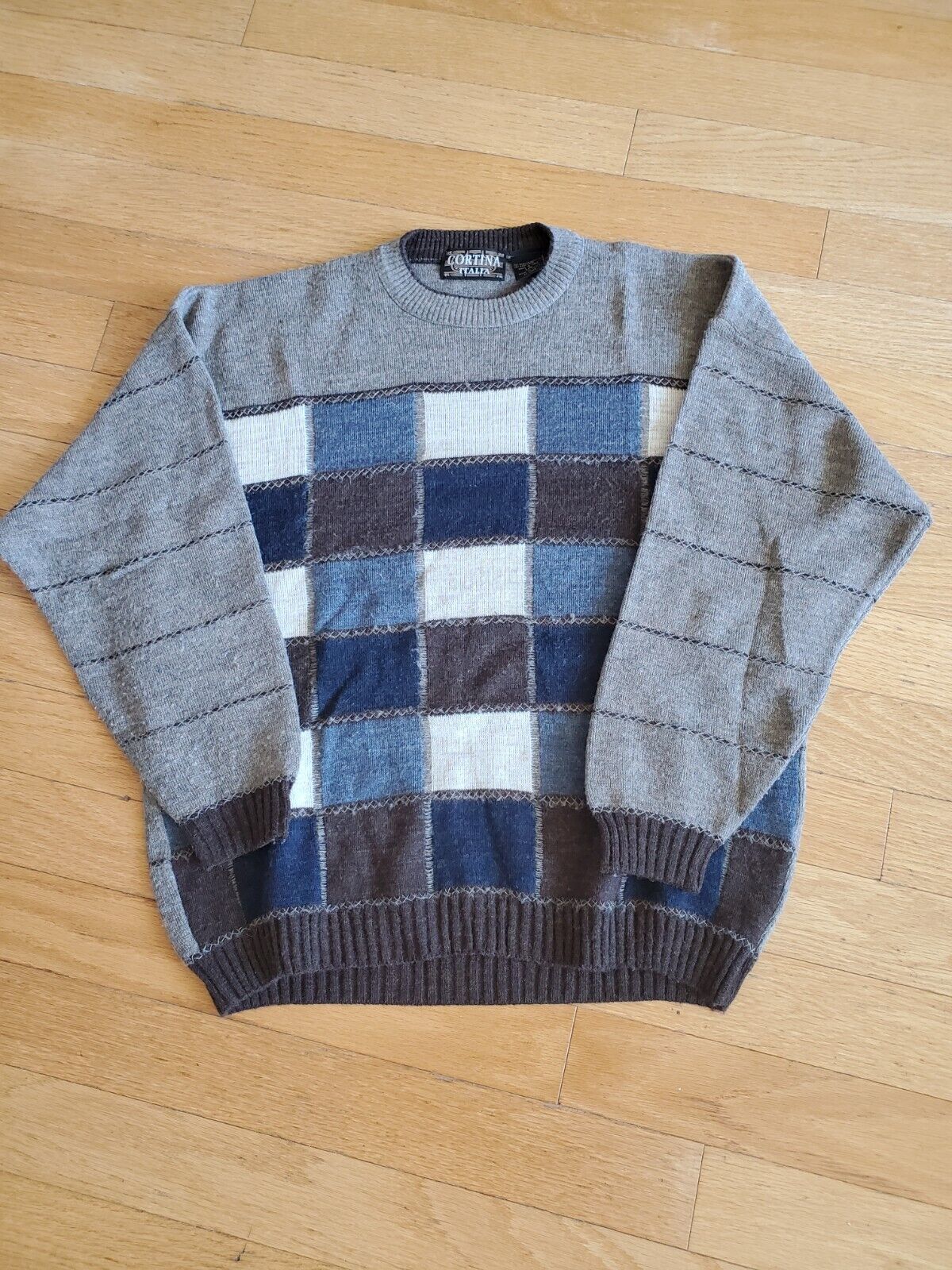 Vintage Cortina Italia Adult L Wool Blend Geometric Striped Grandpa Sweater