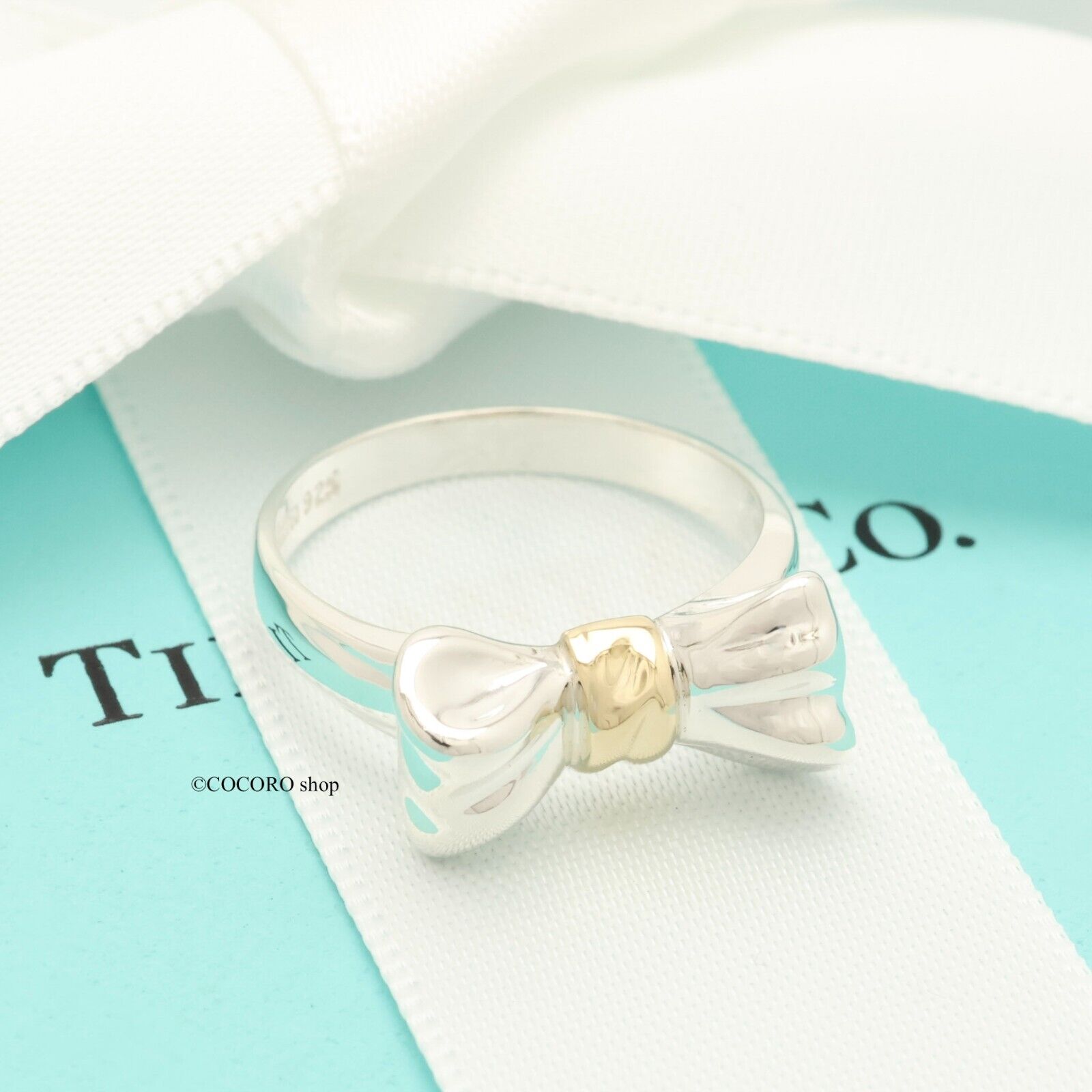 Tiffany & Co. Bow Ribbon Ring Size 5.75 Silver 925 & 18K Gold w/Pouch