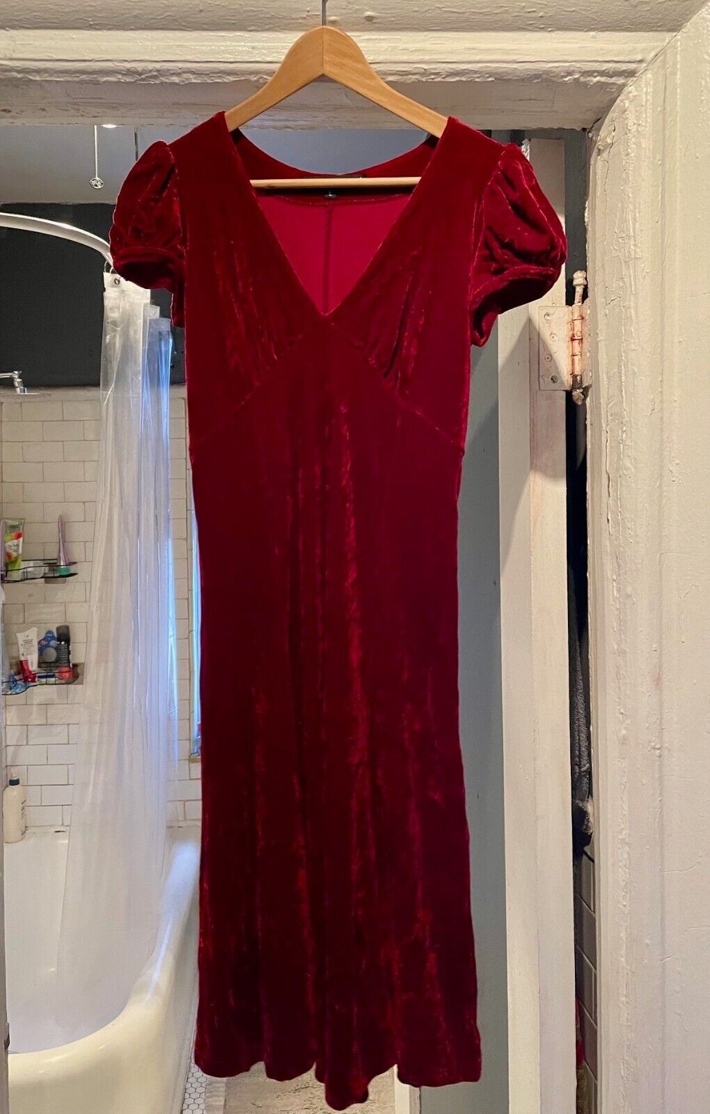 Betsey Johnson Vintage Red Velvet Dress, V-Neck, Short Sleeve, Large