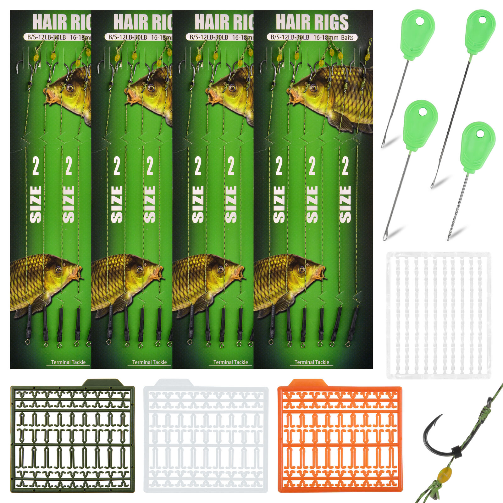 32pcs Carp Fishing Hair Rigs Barbed Hooks with Boilie Bait Stopper Needle Tool