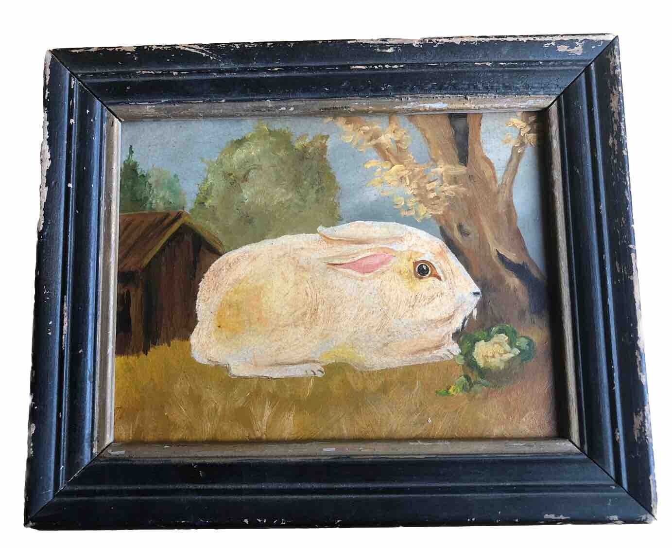 Vintage  Folk art Oil Painting Of Pet Rabbit