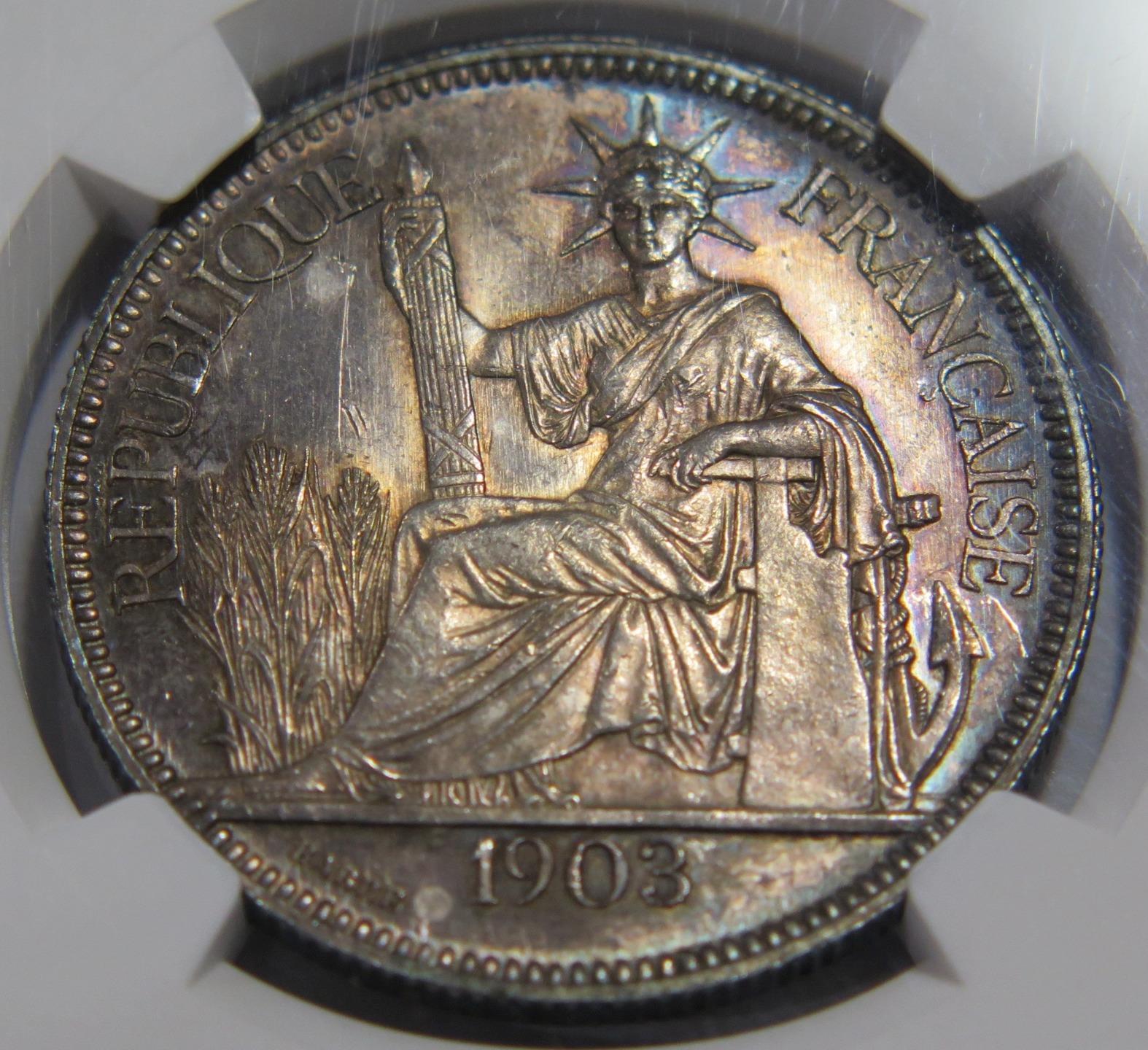 PIASTRE FRENCH INDO CHINA 1903 SEATED MARIANNE VIETNAM NGC MS63 COIN TONED 🌈⭐🌈