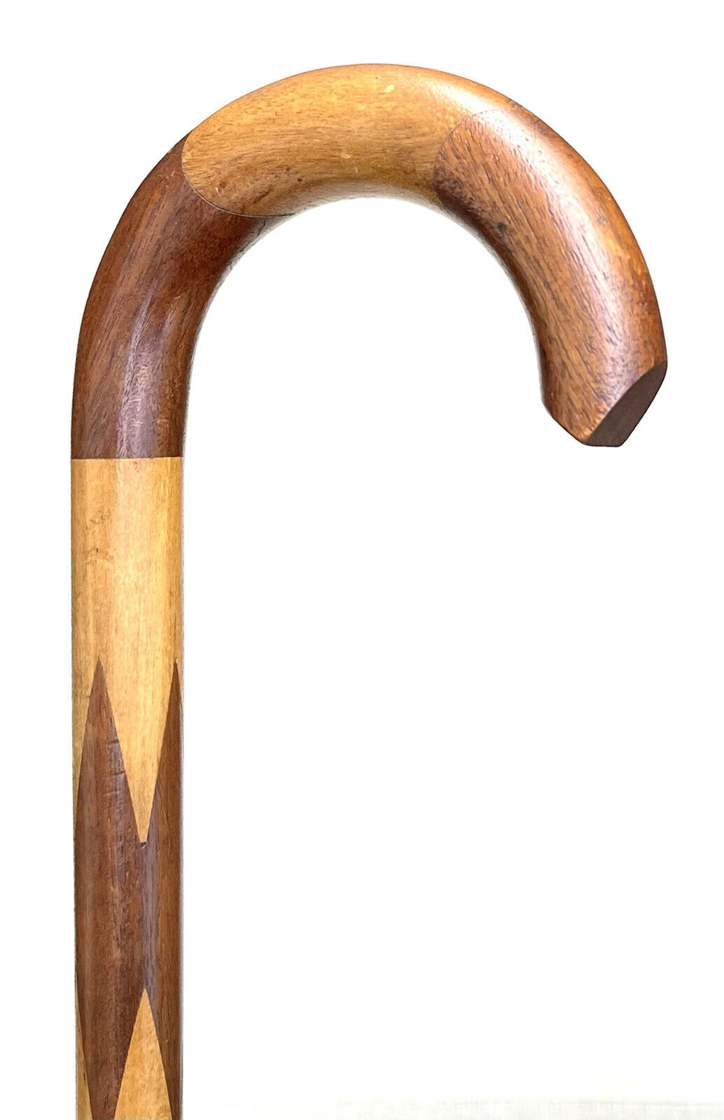 Vintage Antique Stacked Wood Brass Tip Crook Handle Fancy Walking Stick Cane
