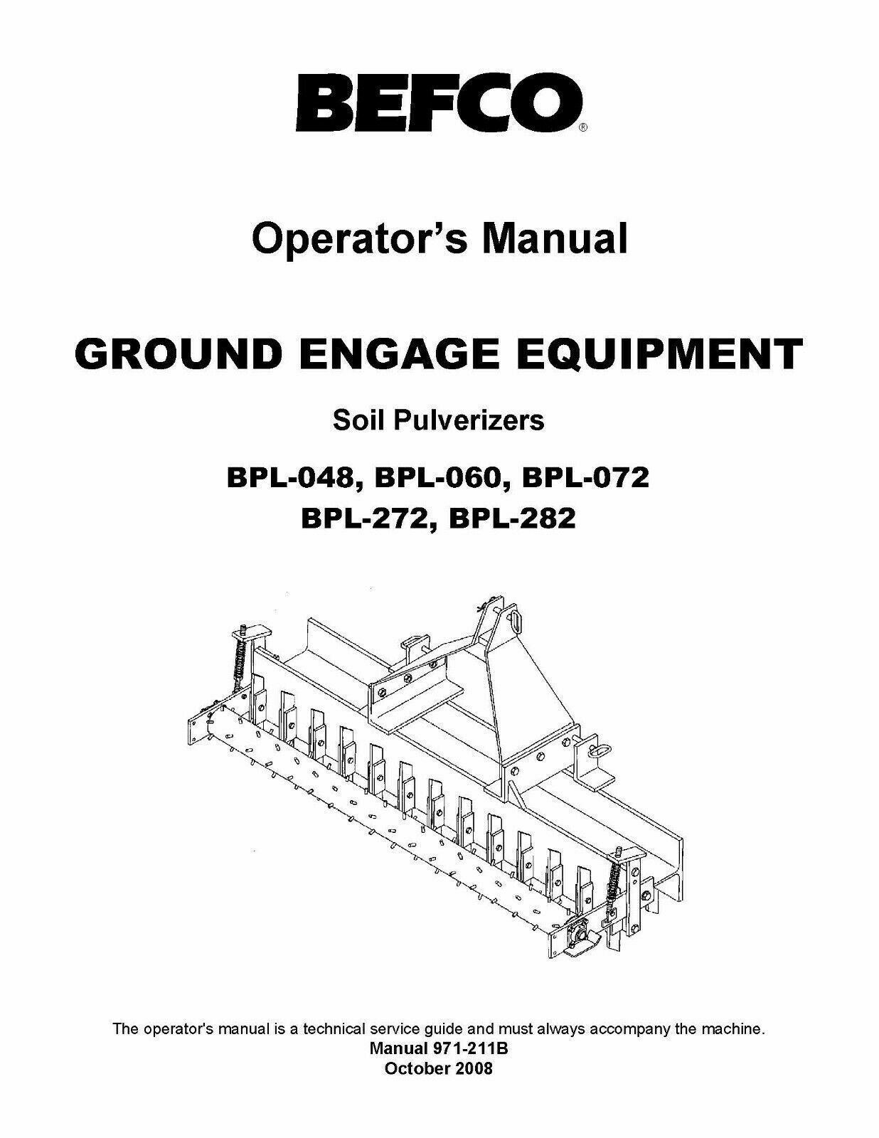 Soil Pulverizers Operator Instruction Maint & Service Parts Man BEFCO BPL Series