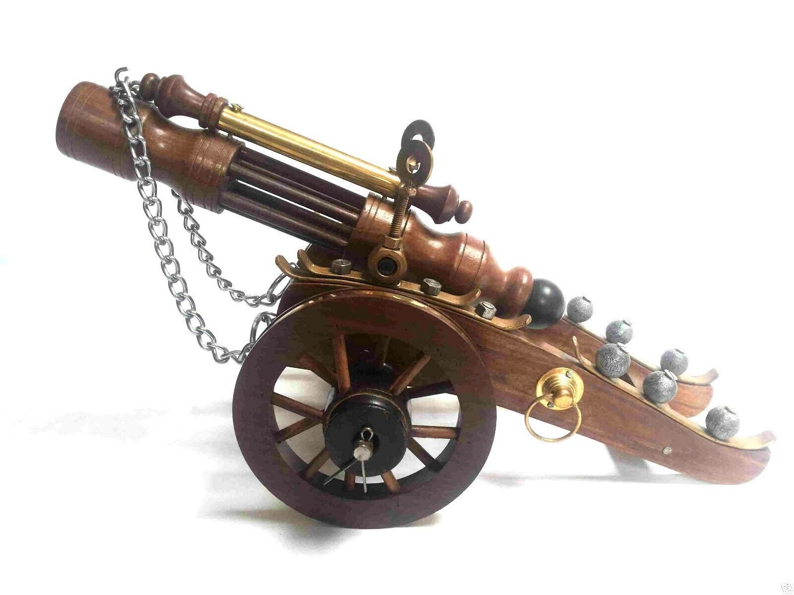 Wooden Brass Cannon Vintage Collectible Home Decorative 19 Inch
