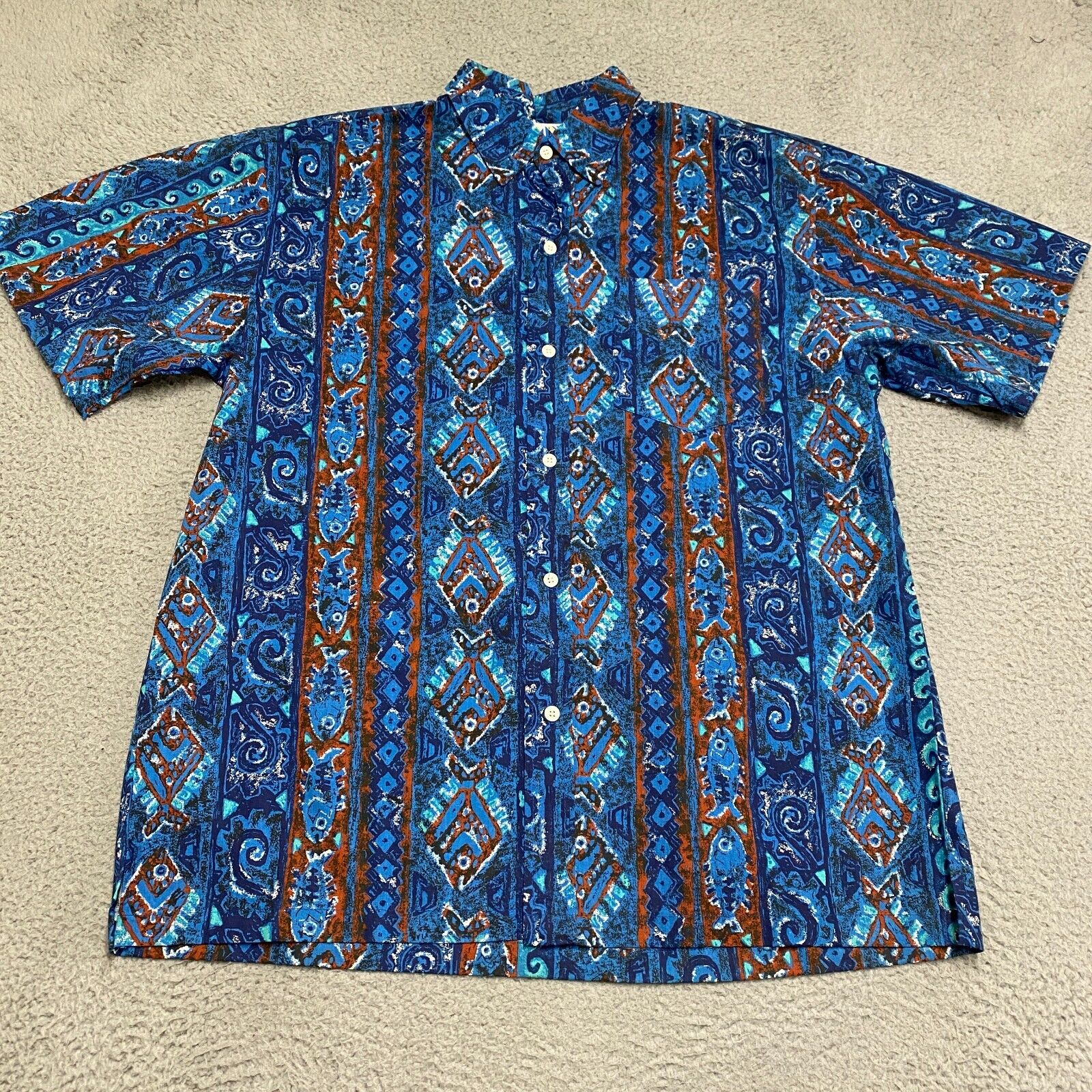 Vintage Sears Hawaiian Shirt Mens Large Brushpopper Geometric Aztec USA 80s