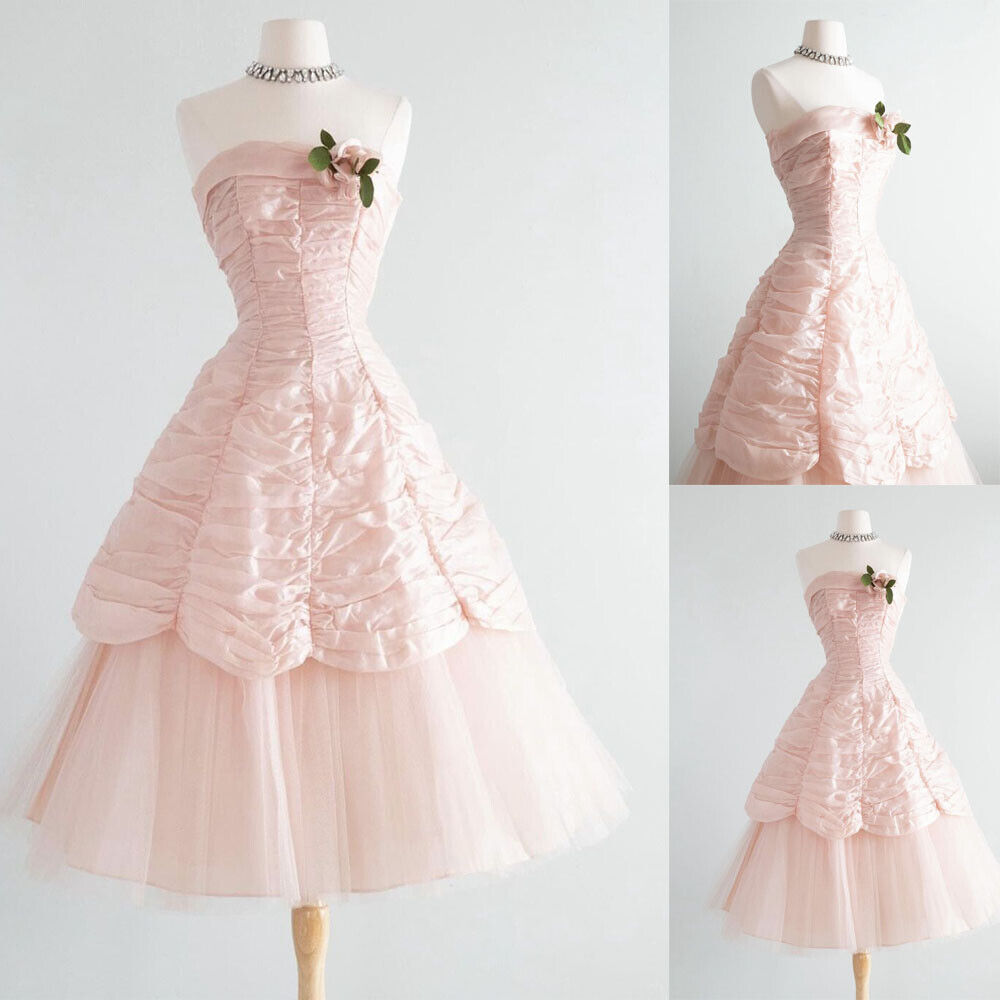 Vintage Pink 1950s Cherry Prom Dresses Short Cocktail Knee Length Party Gowns