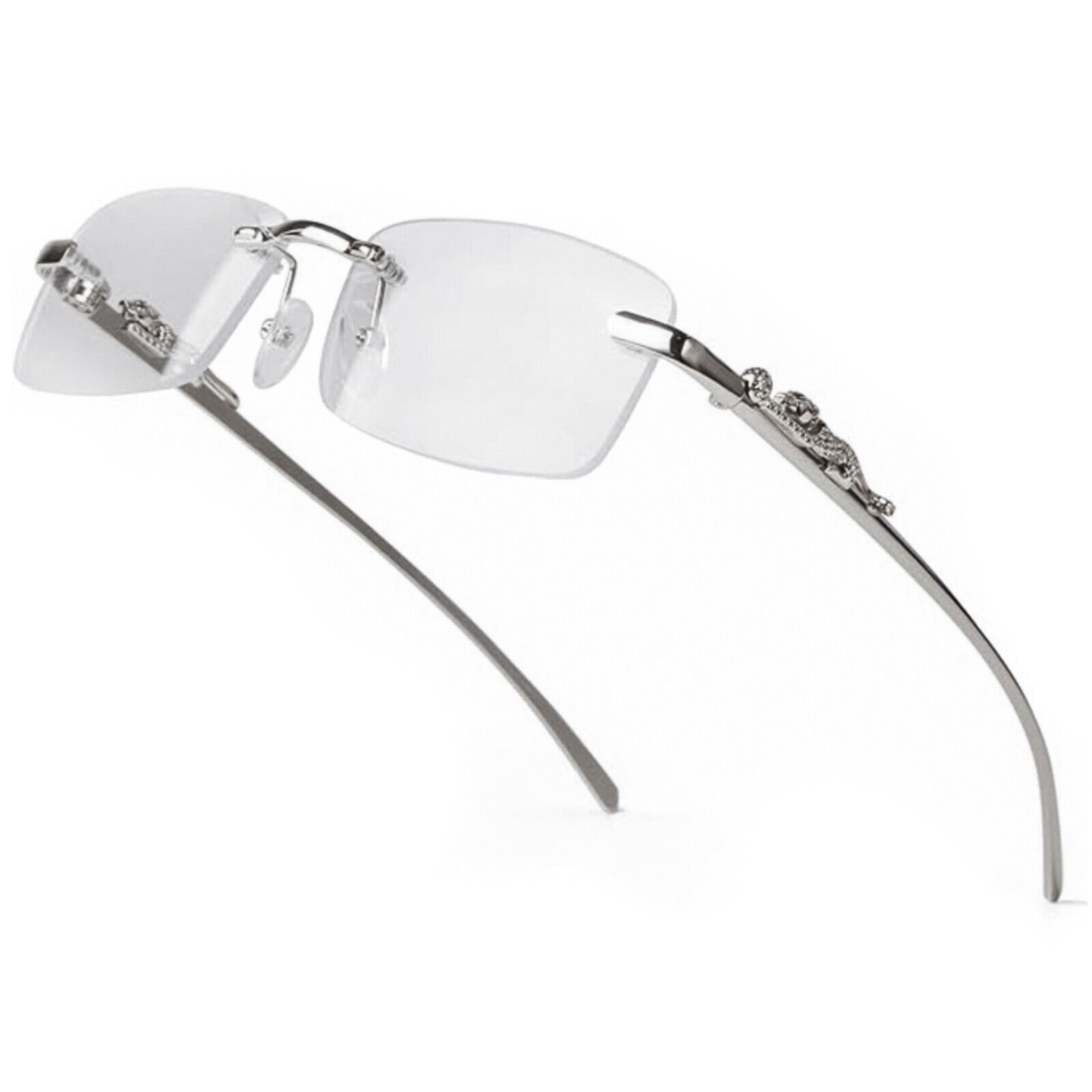 Mens Vintage Clear Lens Silver Frame Leopard Rimless Hip Hop Frameless Glasses
