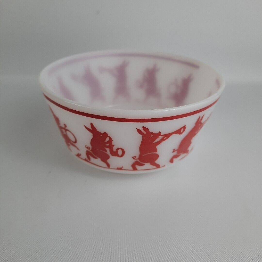 Vintage Hazel Atlas Childrens Bowl Milk Glass Musical Pigs Parade Red and White