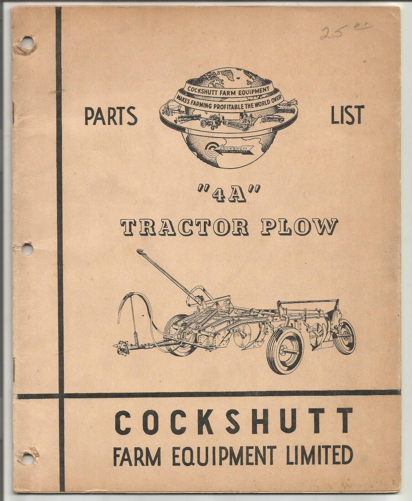 Original Cockshutt 4A Tractor Plow Parts List Catalog No. C-698R Dated 11-1957