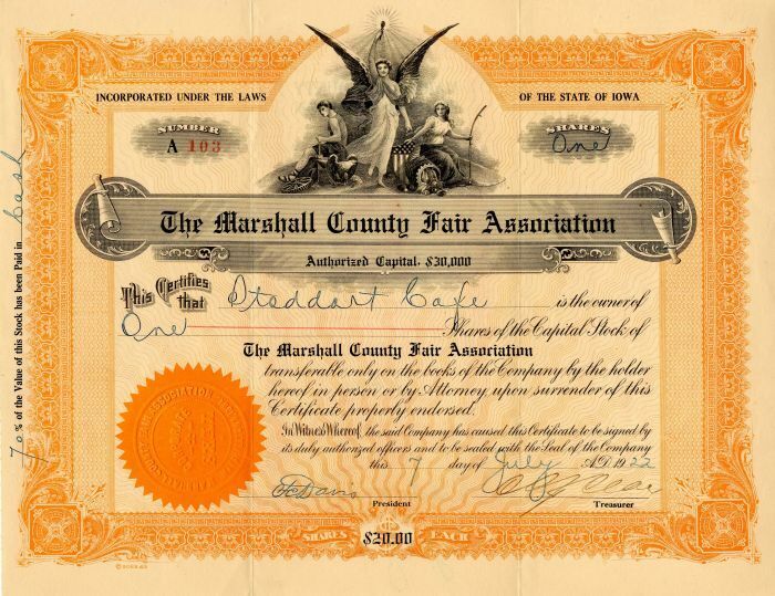 Marshall County Fair Association - Stock Certificate - General Stocks