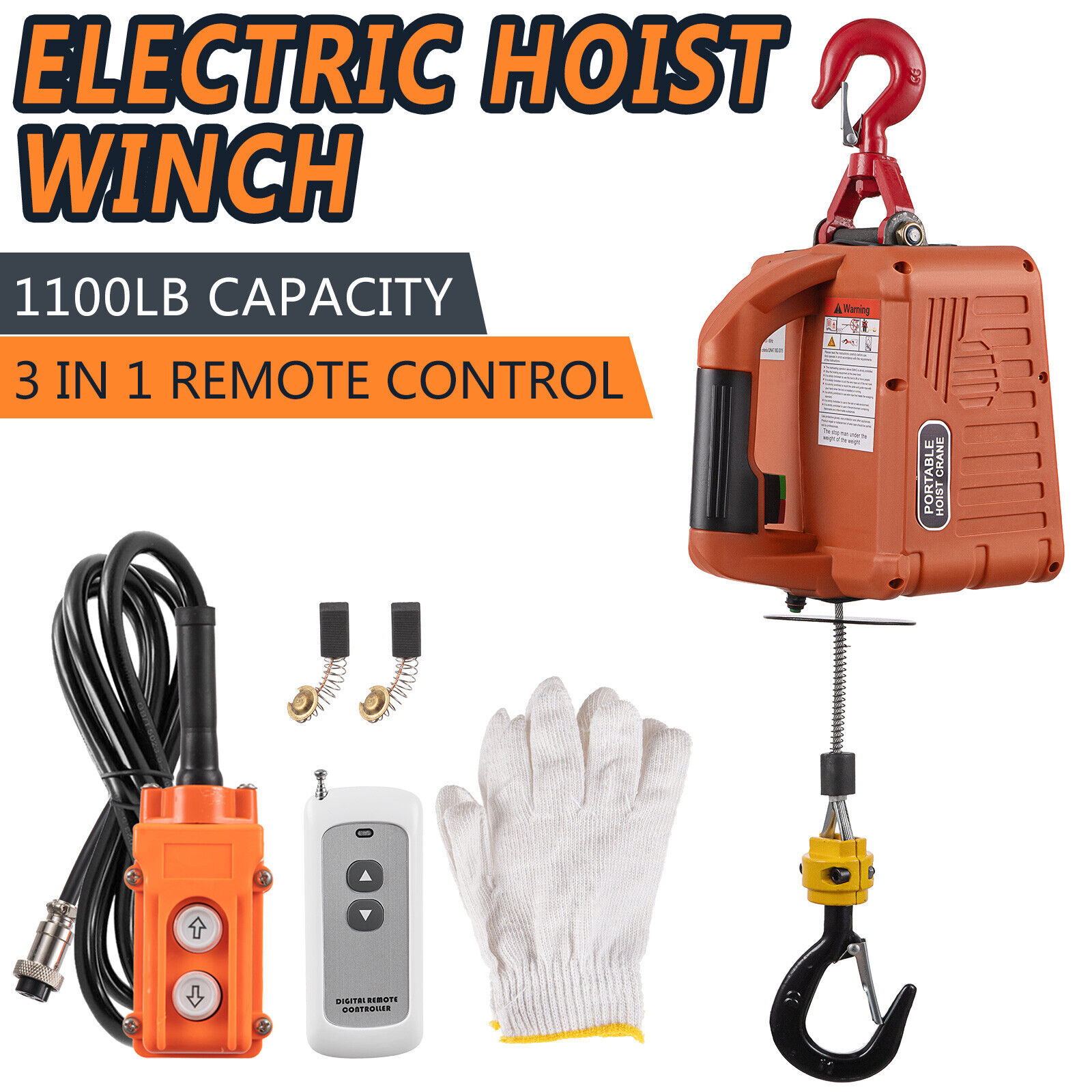 3 in 1 Electric Hoist Winch Portable Crane 1100lbs Wired/Wireless Remote Control