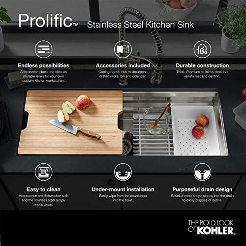 KOHLER K-23651-NA 29 inch Workstation Stainless Steel Single Bowl Kitchen Sink
