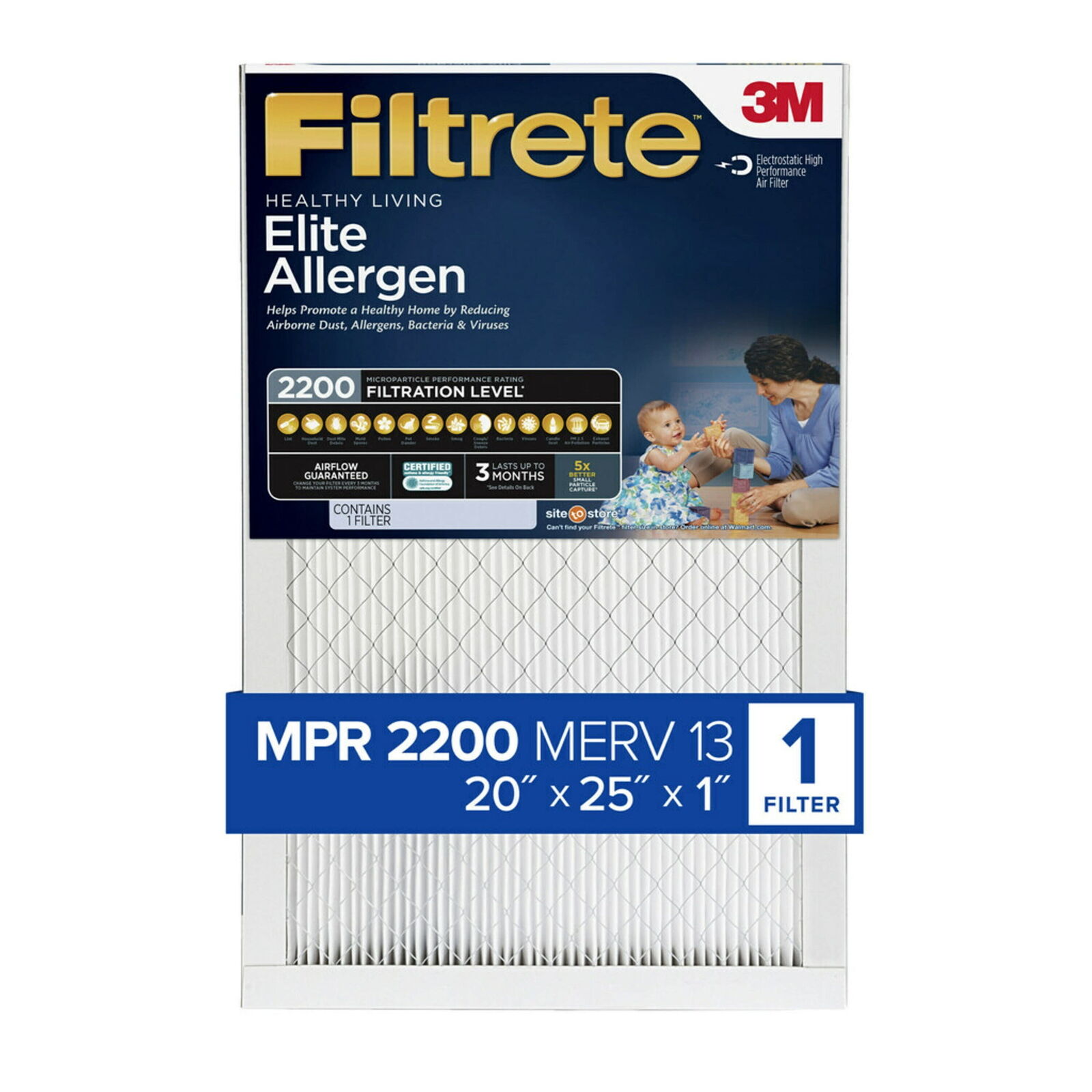 Filtrete 20x25x1 Air Filter, MPR 2200 MERV 13, Elite Allergen Reduction,1 Filter