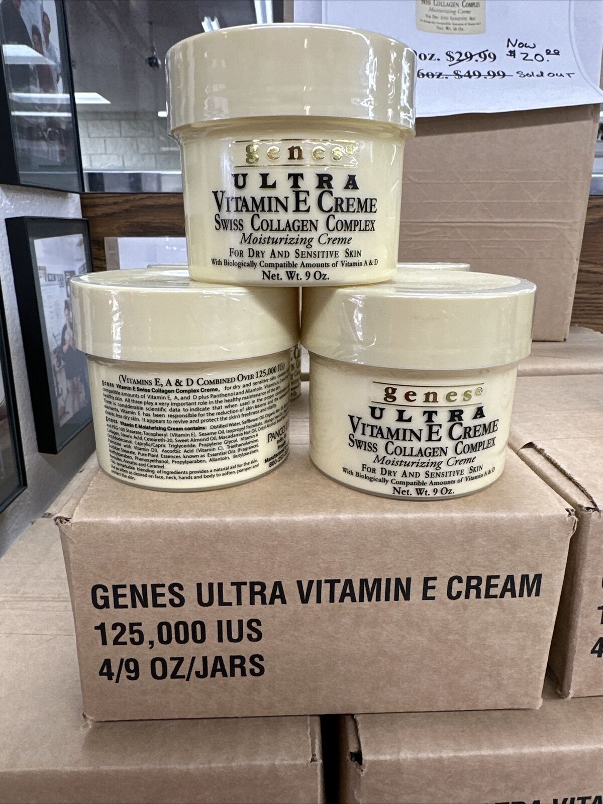 4pack of 9oz Jars Genes Ultra Vitamin E Creme 9 oz. Swiss collagen complex 