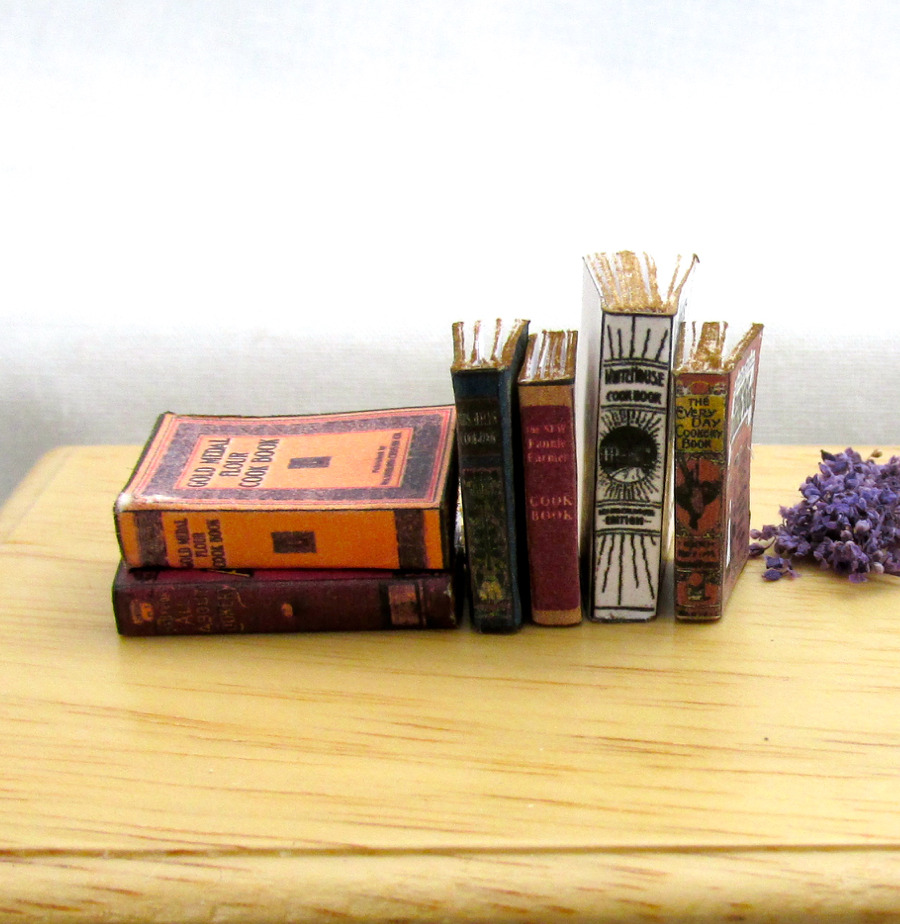 6 VINTAGE OLD COOKBOOKS Set Miniature Dollhouse 1:12 Scale Books PROP Faux