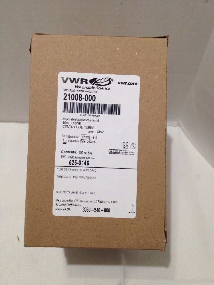 VWR 21008-000 Graduated 15ml Urine Centrifuge Tubes-10-partitioned boxes of 100