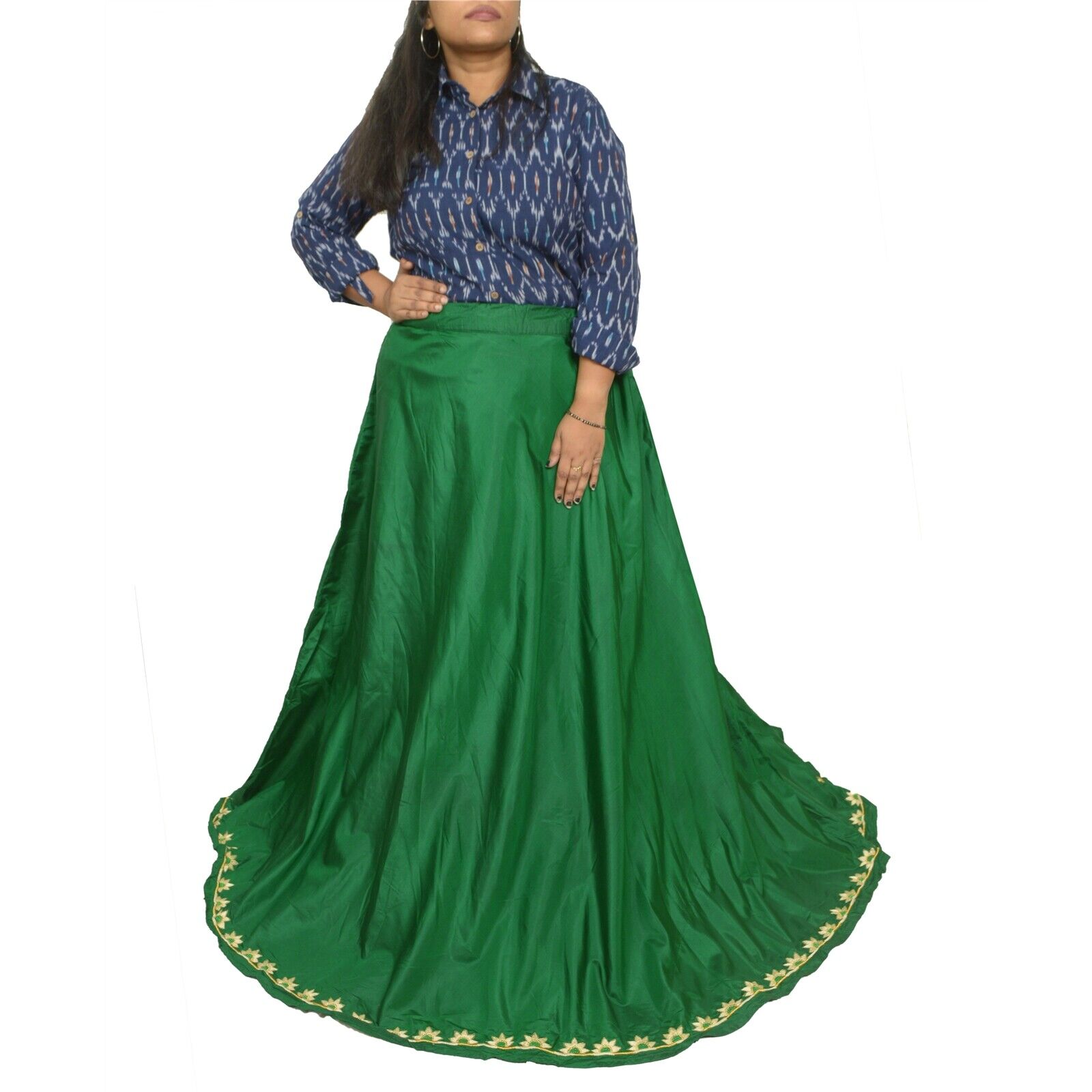 Sanskriti Vintage Bollywood Stitched Long Skirt Embroidered Green Lehenga 