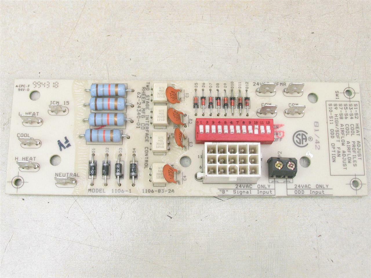 Rheem Ruud 62-24340-01 Two Stage Interface Circuit Board 1106-1 1106-83-2A