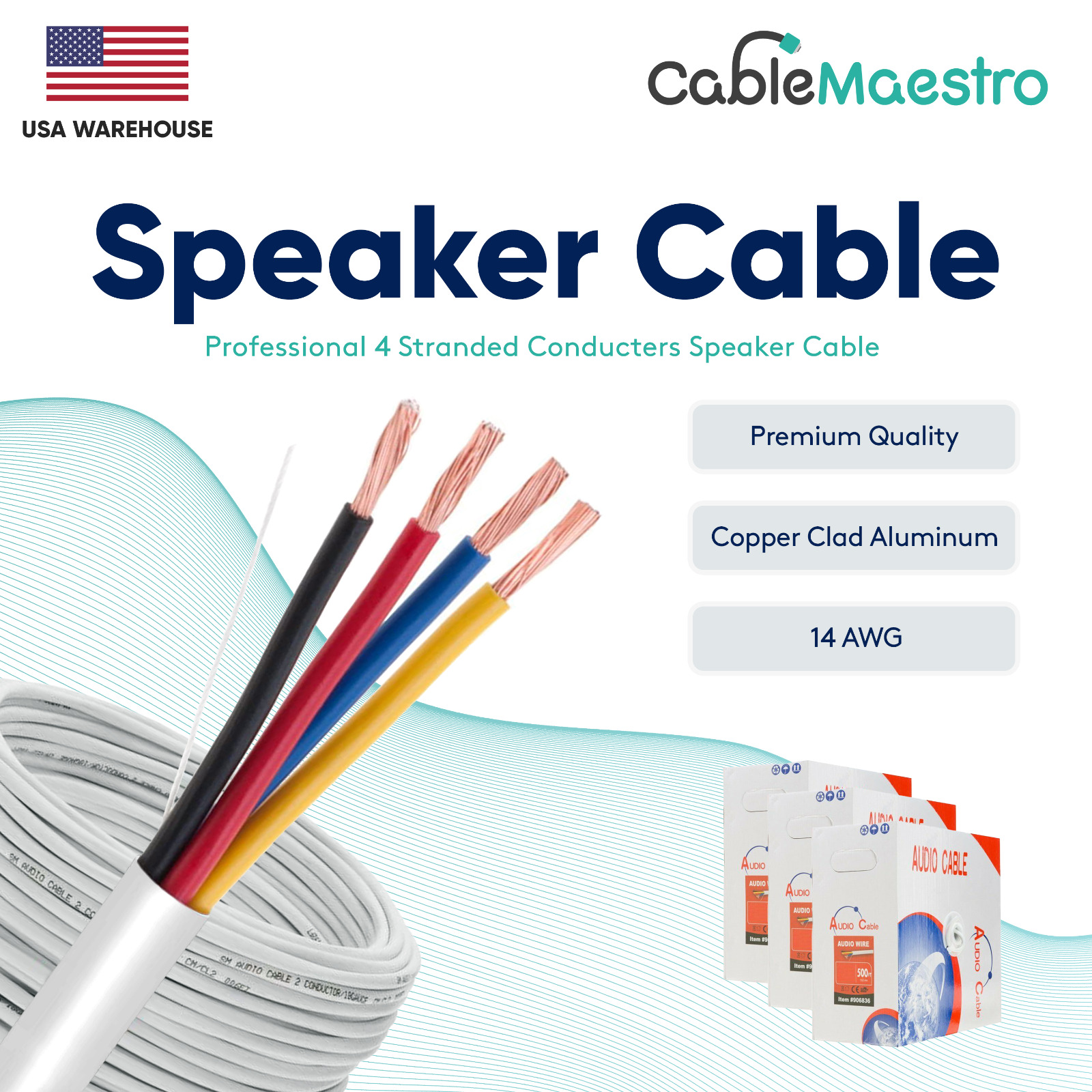 14AWG Speaker In Wall Cable 4 Conductors Wire Audio CL2 14/4 Gauge 250ft Bulk