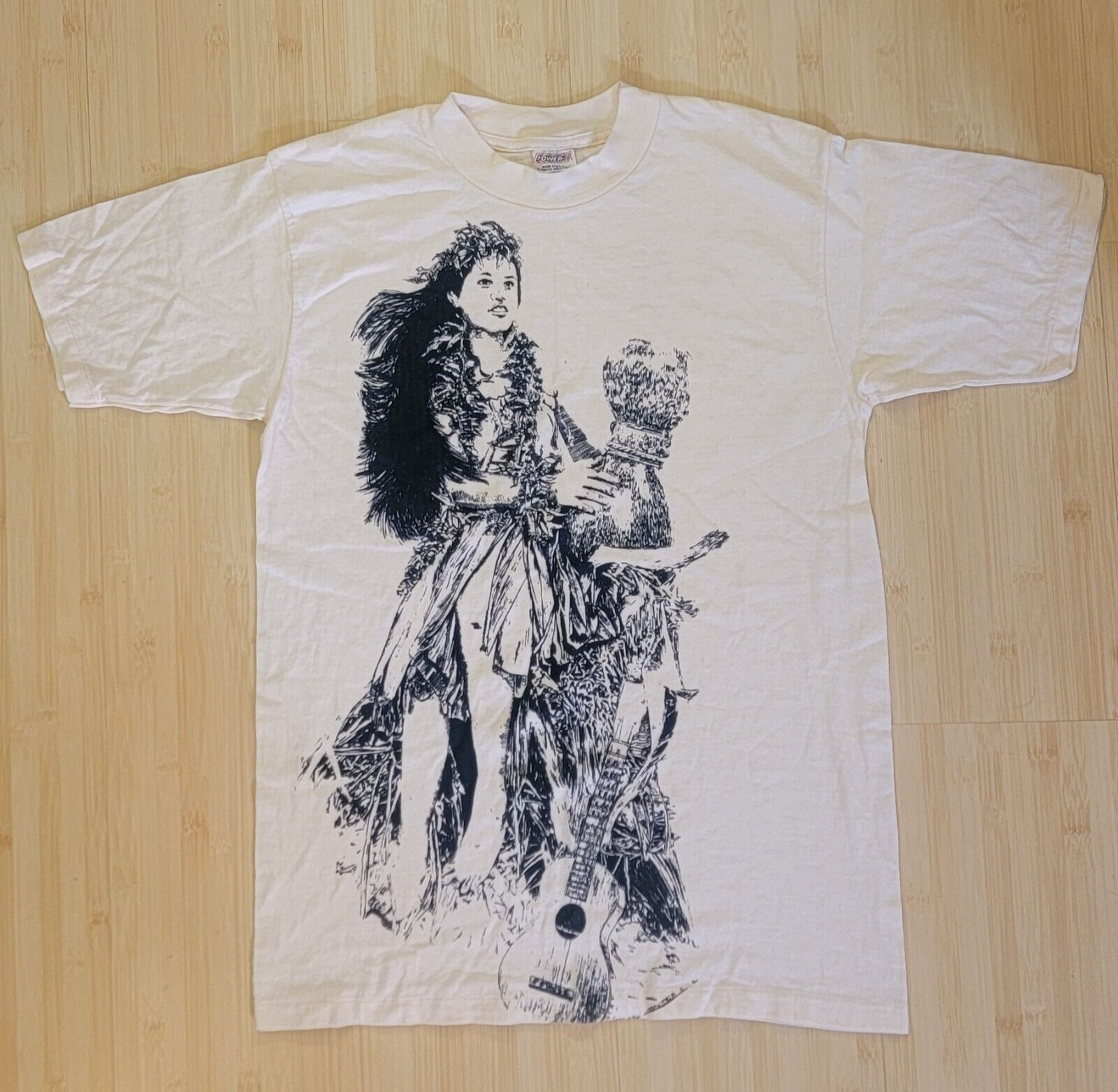 Vtg 1984 Oneita Hawaii Hula Girl Ukulele Tshirt Sz L Full Print Off-White 42415