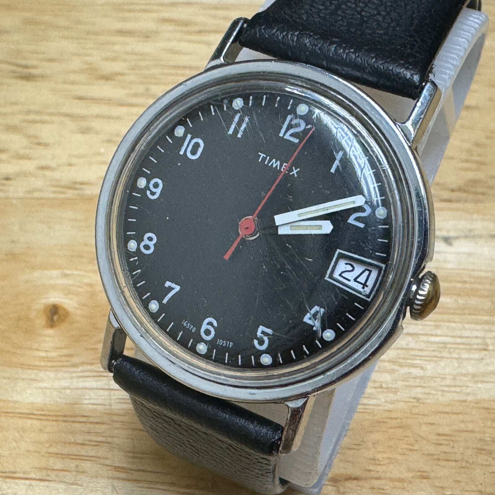Vintage Timex Mercury Watch Men Hand-Wind Mechanical Silver Black Leather Date