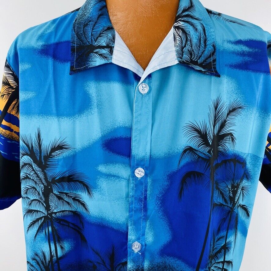 Aloha Hawaiian XL Shirt Blue Palm Trees Sunset Sail Boats Tropical Shirt