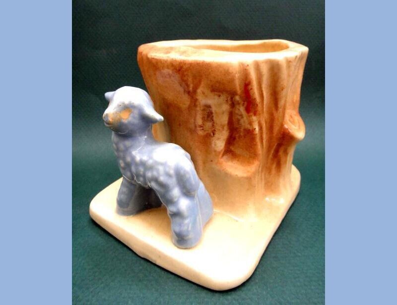 antique BLUE LAMB WITH TREE STUMP POTTERY POT PLANTER early,w/crazing HULL?