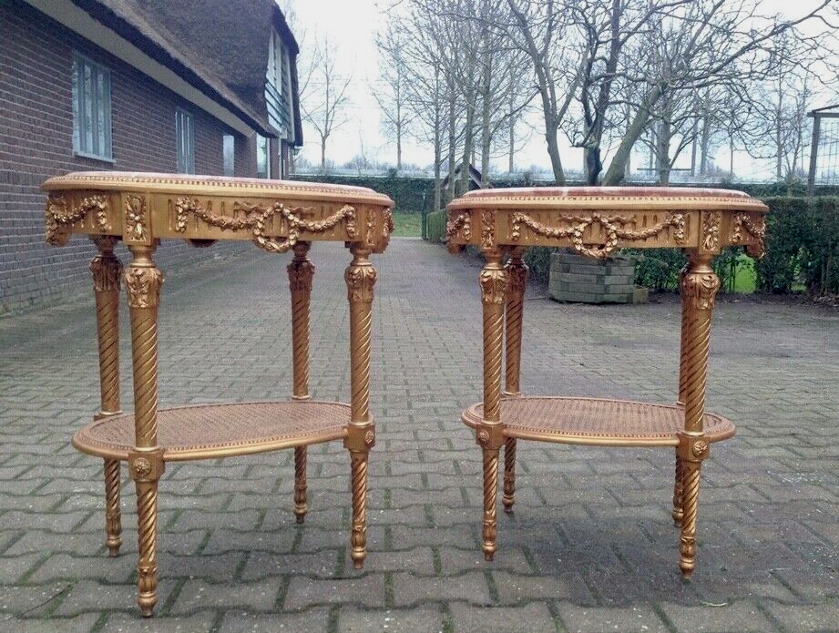 Pair of Vintage Louis XVI Style Side Tables: Gold Beech with Pink Marble Tops