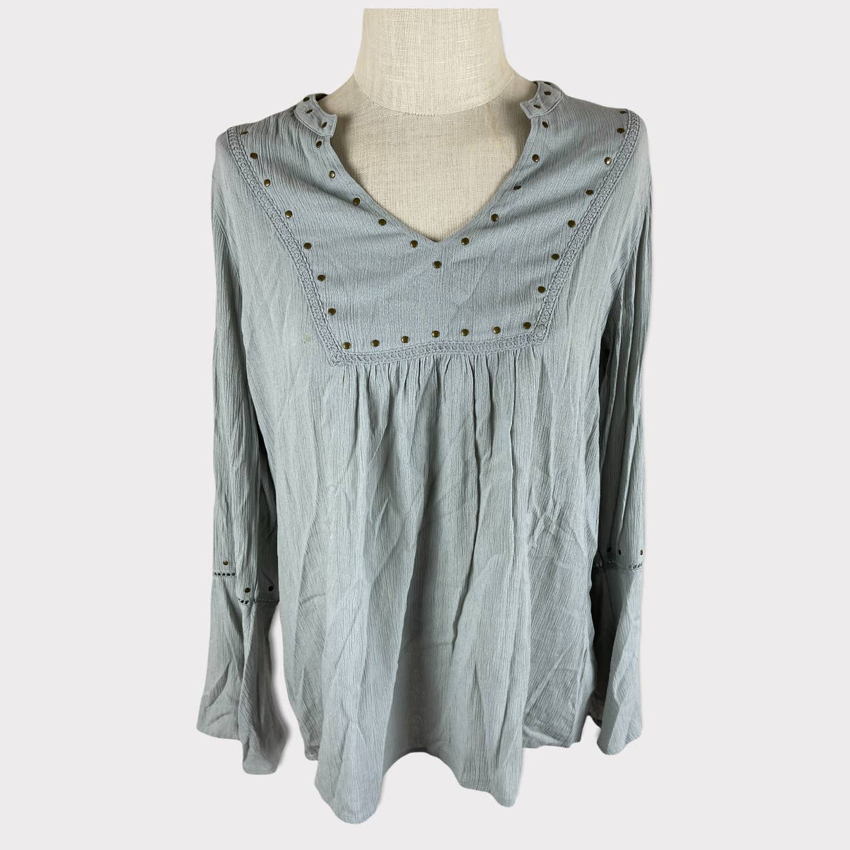 Como Vintage Womens Large Gray Green Bell Sleeve Rayon Poly Top