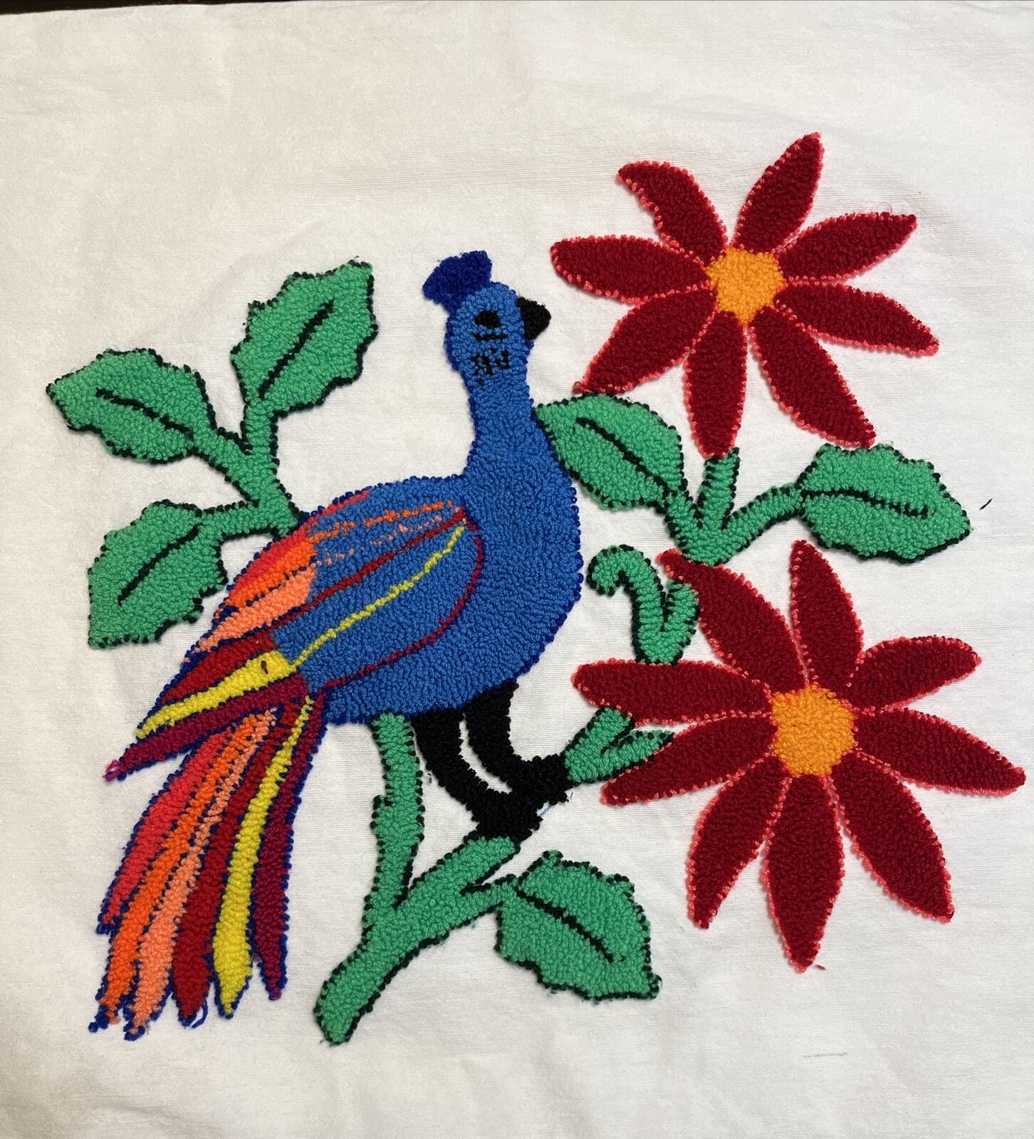 Vintage Matching Pair Embroidered Colorful Peacock Pillowcase Mexican Folk Art