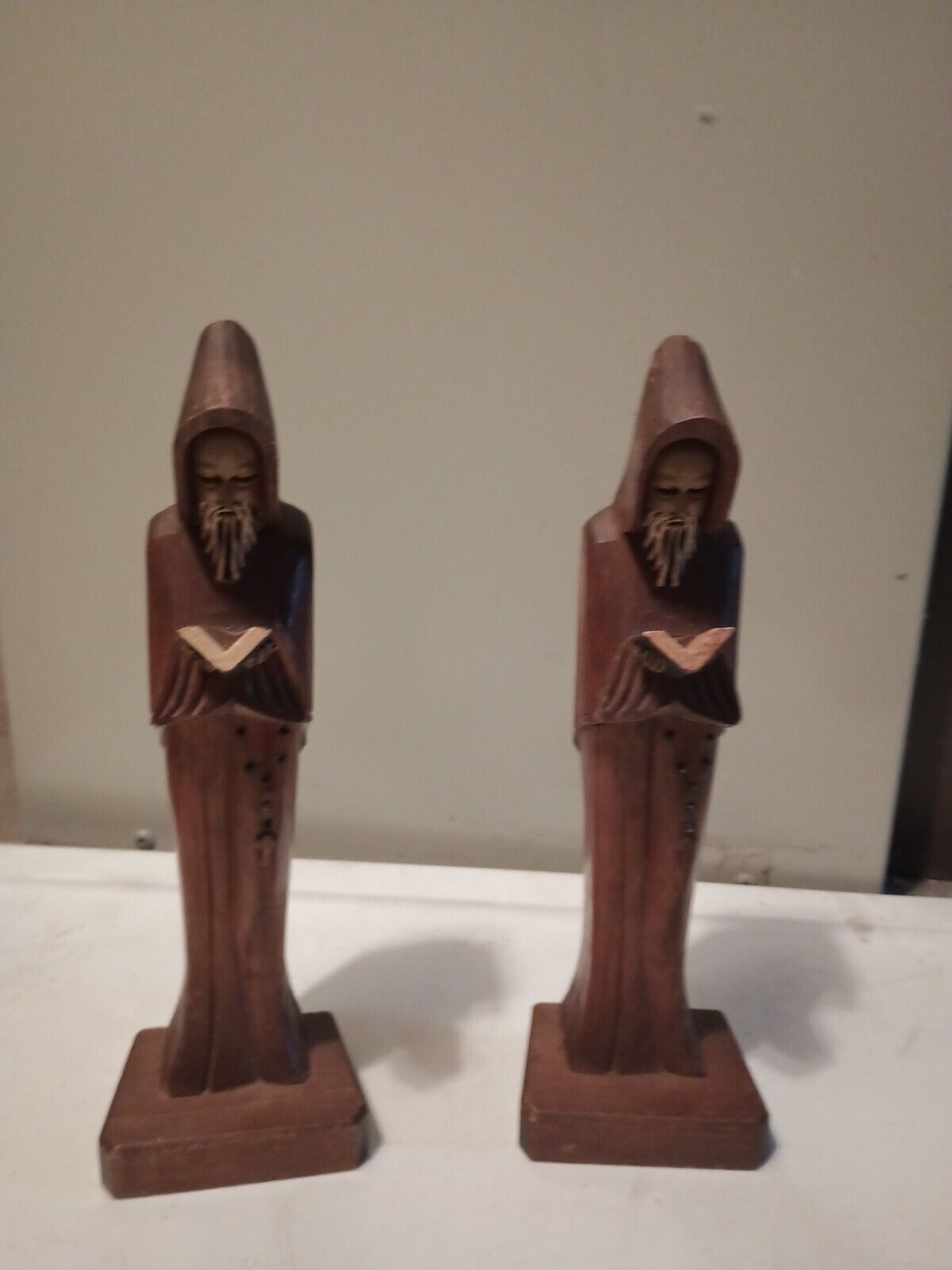 Pair of 2 Vintage JOM Mexican Hand Carved Wood Monk Priest Friar Bookends1940s