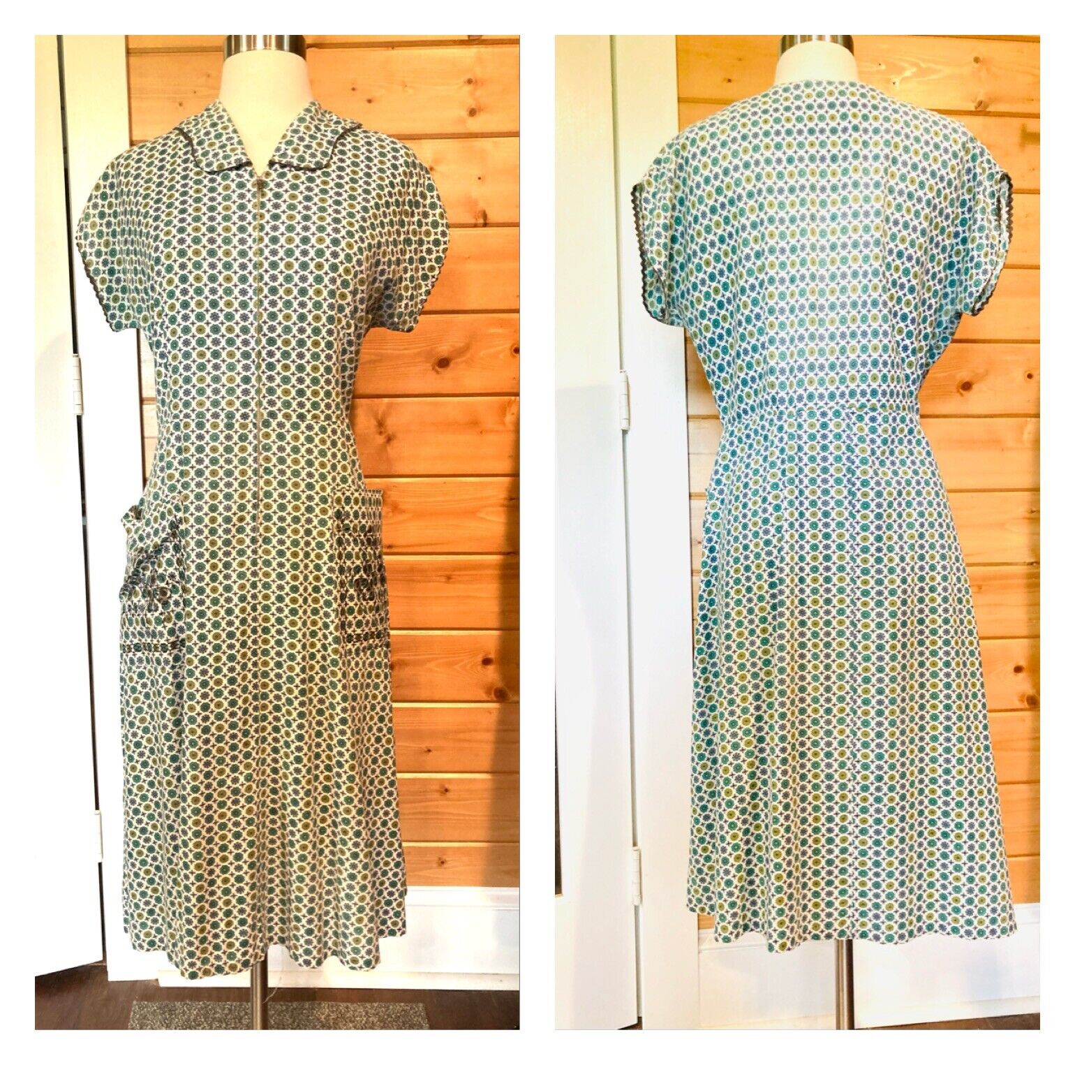 Vintage 1950s novelty print cotton day dress house dress zip front B 42