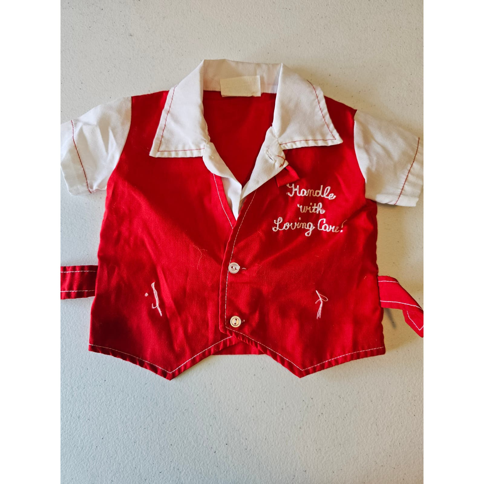 Vintage 1960s Baby Sz 0-3M Short Sleeve Shirt Red Embroidered Handle With Care