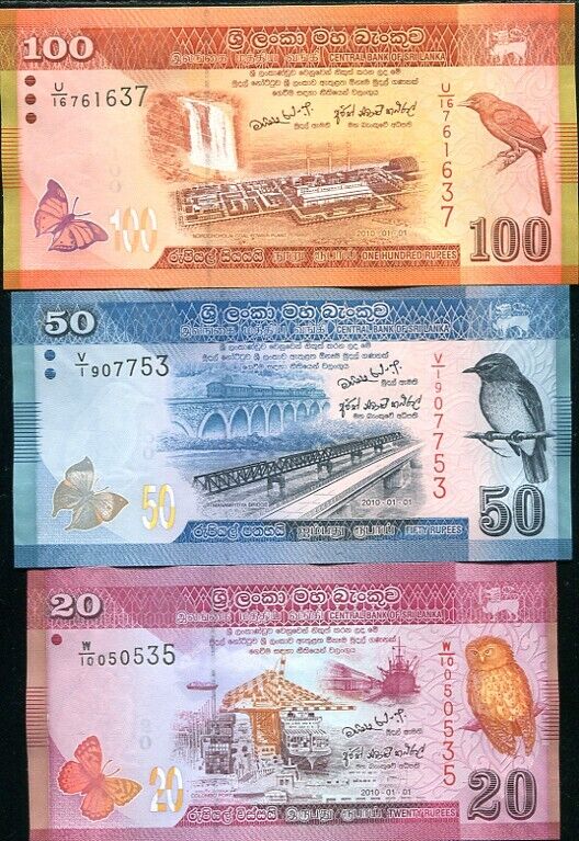 Sri Lanka Set 3 Pcs 20 50 100 Rupees Ramdom Date P 123 124 125 UNC