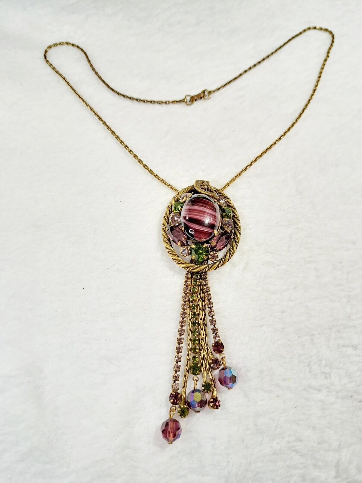 * RARE Victorian Rhinestone Statement Necklace Purple Swirl Glass & AB