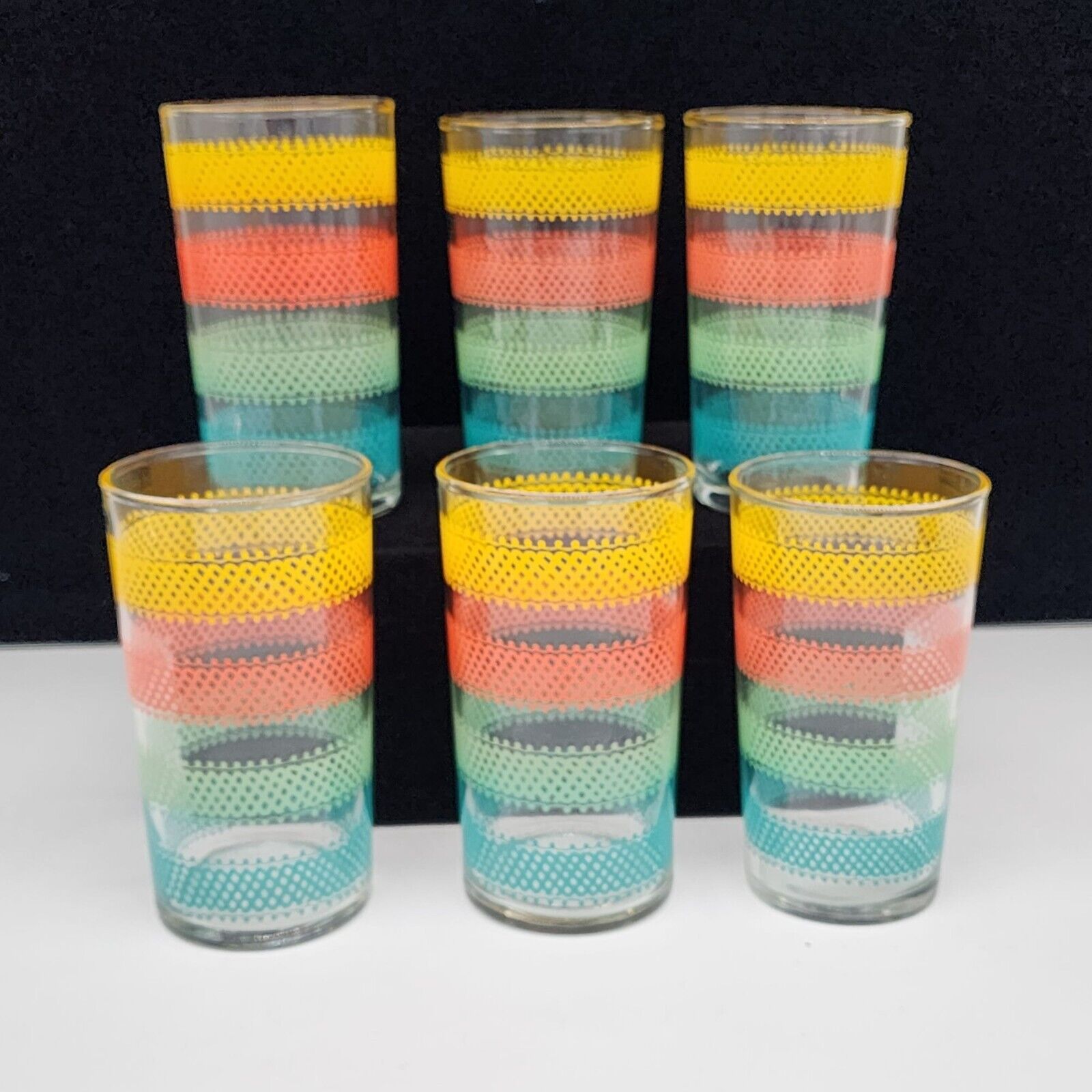 1950s 60s Glass Tumblers Stripped Yellow Peach Blue Pastel Set of 6 VTG 4.5\