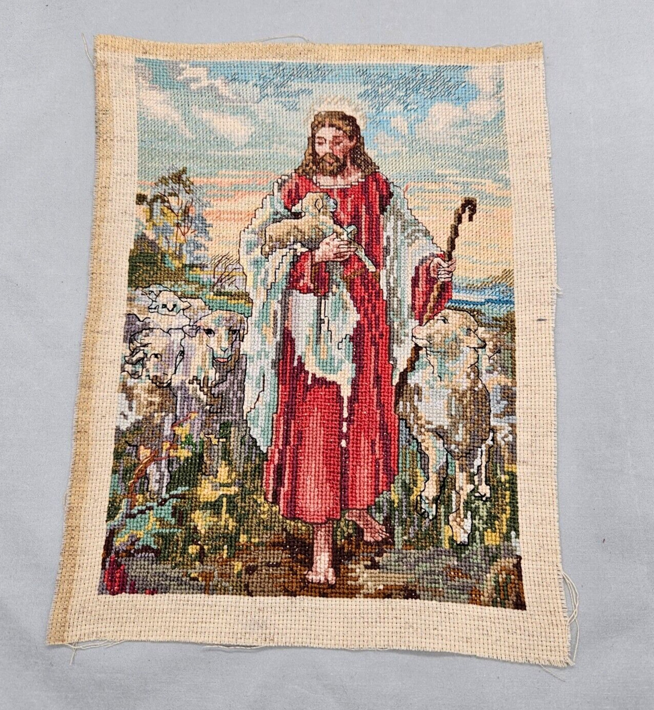 Vintage Completed Cross Stitch Jesus The Good Shepherd Handmade Religious Christ