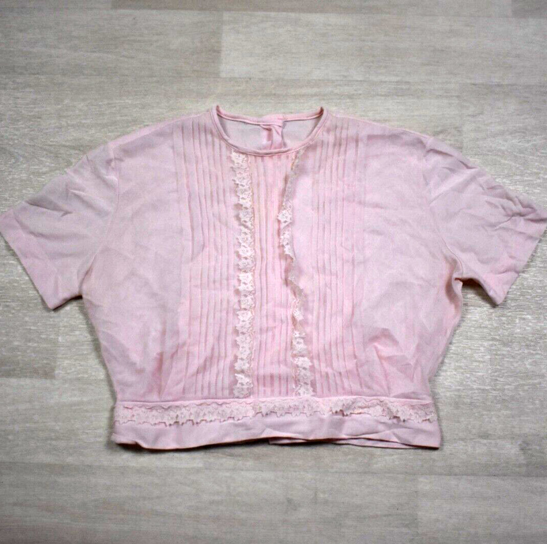 50s True Vintage Button Back Crop Blouse Lace Micro Pleated Coquette Pink Nylon