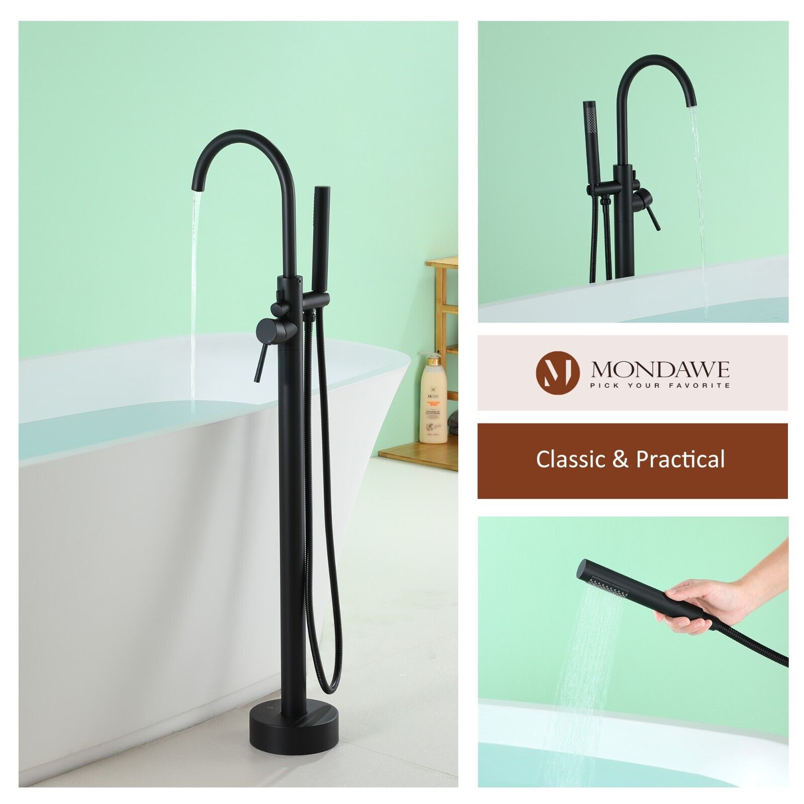 Mondawe Freestanding Bathtub Faucet Tub Filler Floor Mounted Hand Shower Mixer