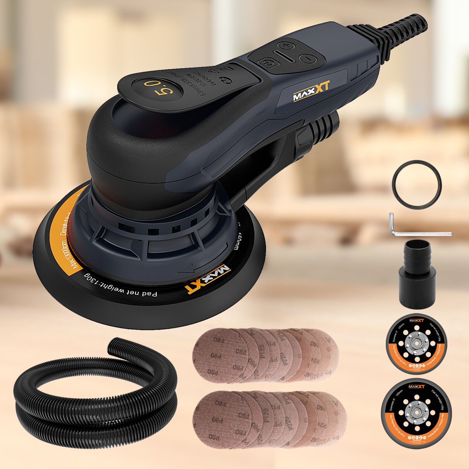 Electric Brushless Orbital Sander with Two Backing plates for Woodworking