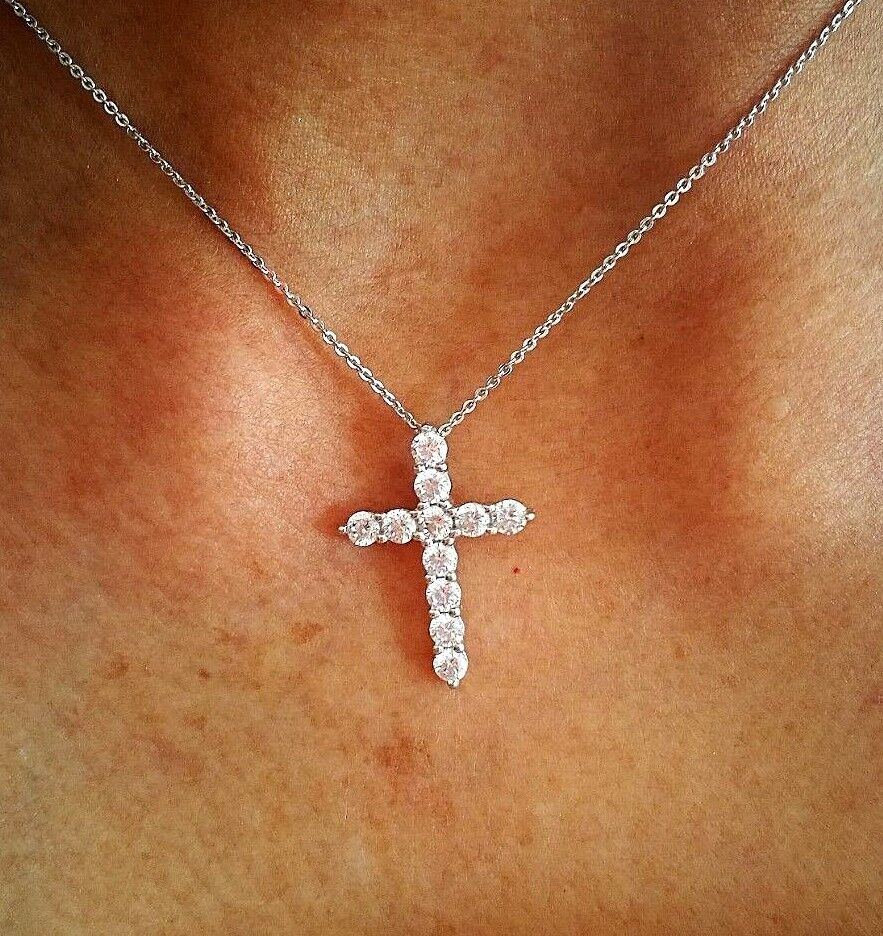 1 Ct Cross Pendant Necklace Simulated Diamond 14K Solid White Gold-Plated Silver