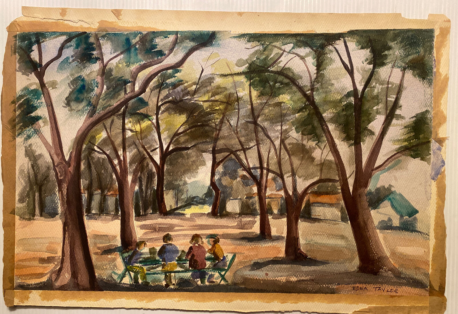 ORIGINAL “EDNA TAYLOR”.  LANDSCAPE  PEOPLE PICKNICK TREES WATERCOLOR  PAINTING
