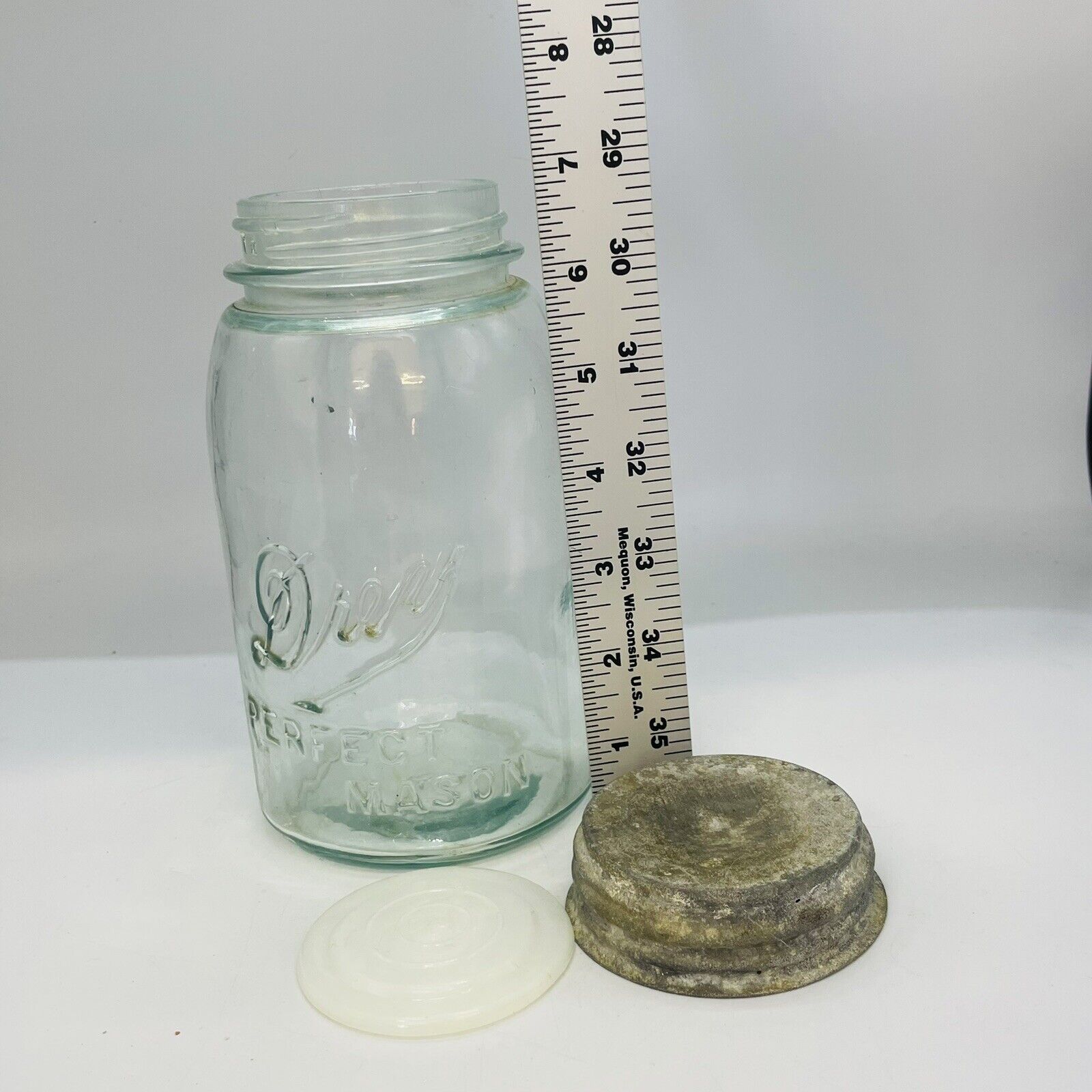 Antique DREY PERFECT MASON Jar Quart Clear Glass & Zinc Lid Marked 3 Air Bubbles
