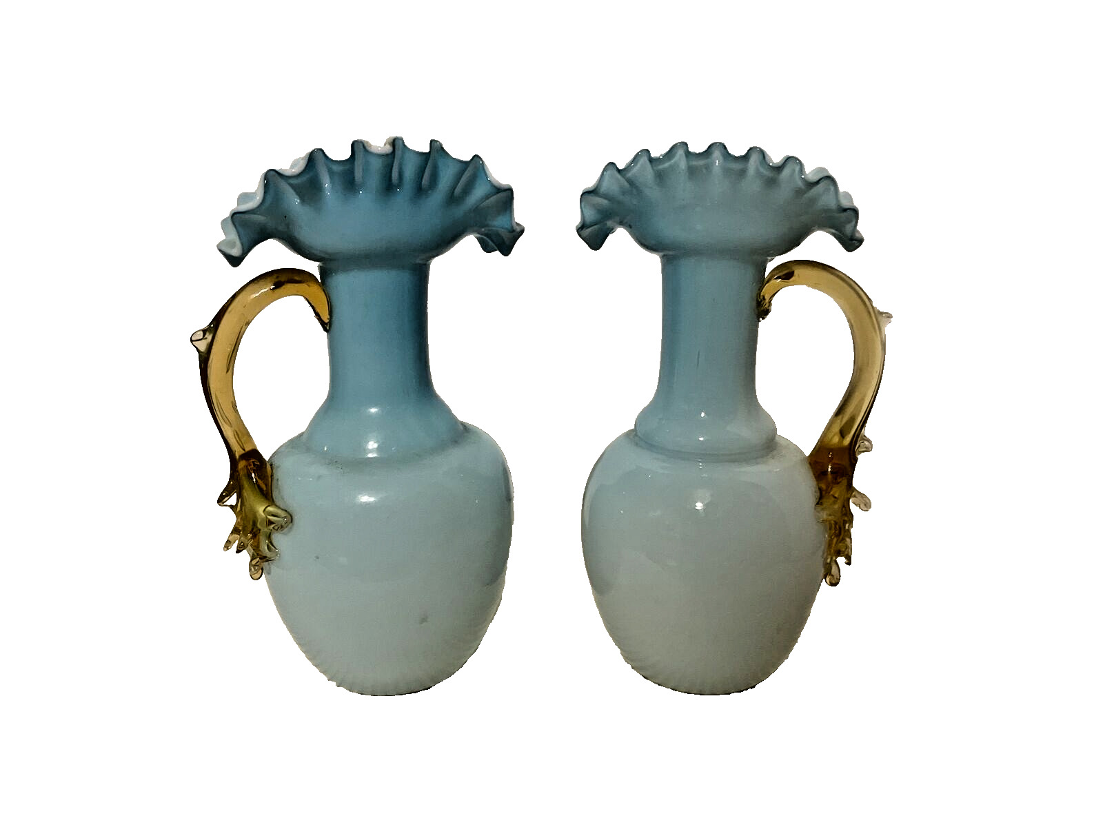 Set of Two Victorian Bohemian Art Cased Glass Blue Amber Handles Vases Pitchers